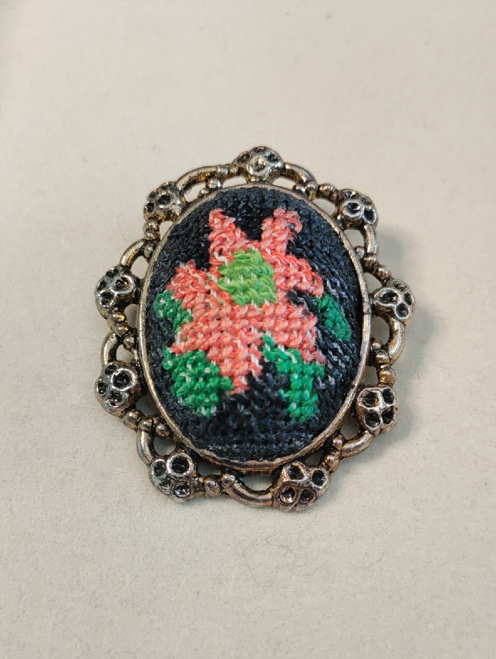 Vintage Handcrafted Floral Embroidered Brooch/Pendant - Black, Pink & Green